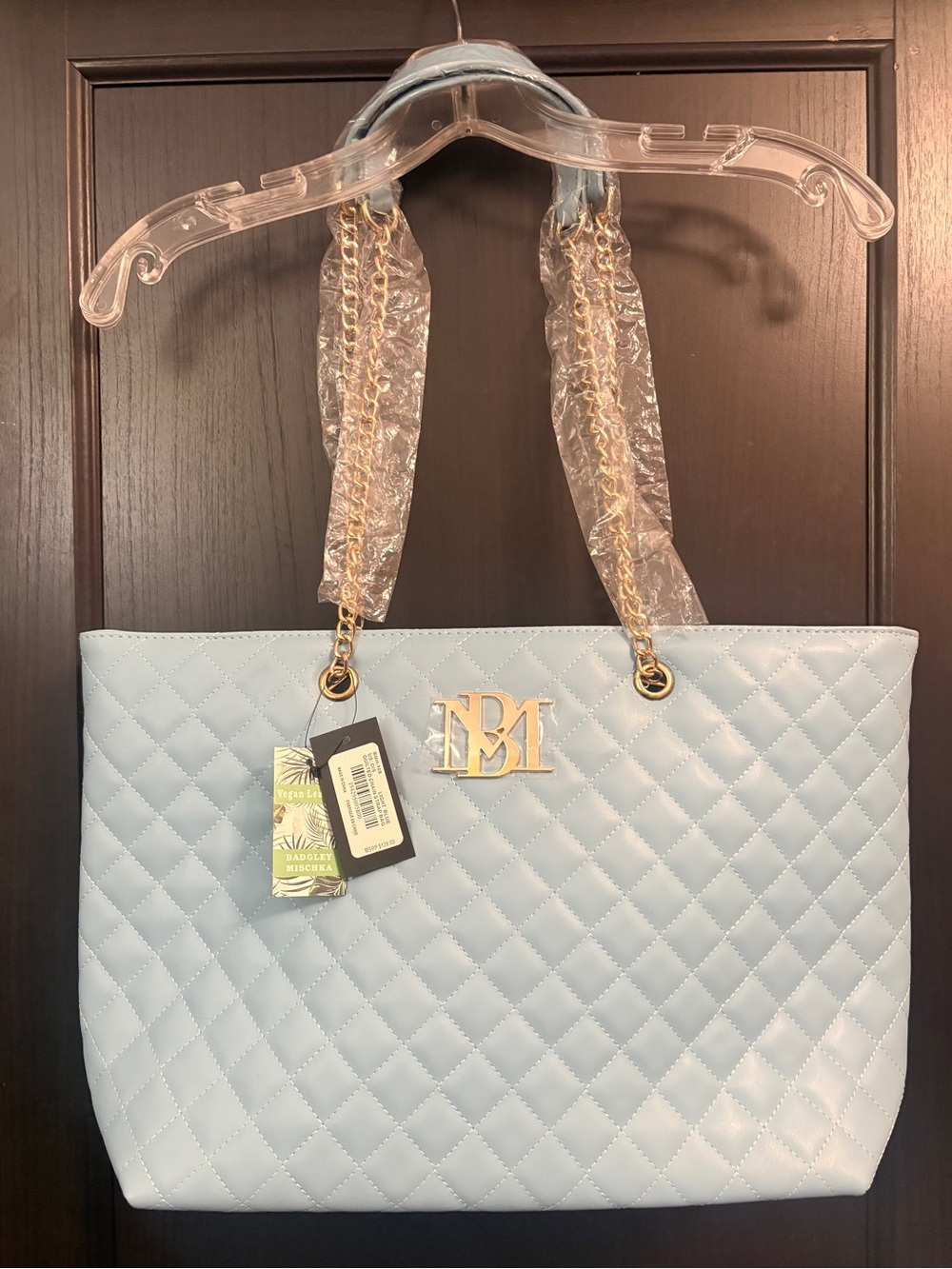 Badgley Mischka Light Blue Quilted Vegan Leather Gold Chain Tote NWT